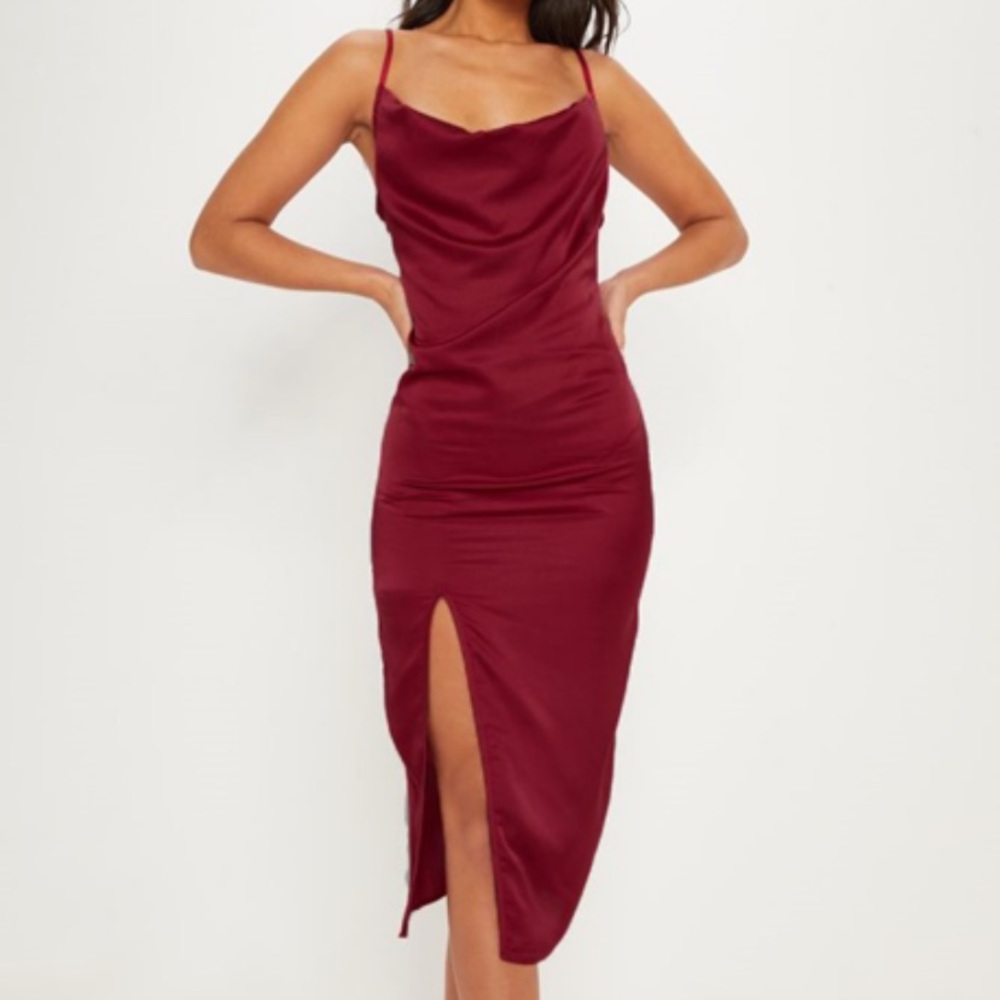 Pretty little thing burgundy satin midi dress